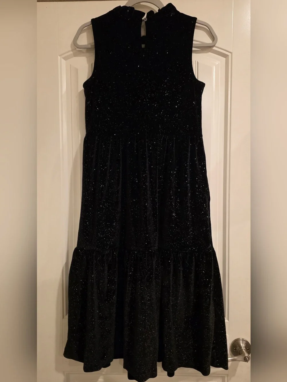 NWT J. Crew Tiered Velvet Midi Dress Women SZ4 Black Shimmer Ruffle Neck BV968